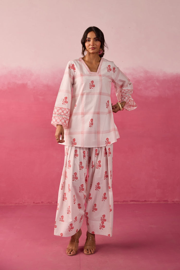 White & Red Check Floral Hand Block Printed Co-ord Set - Tara-C-Tara