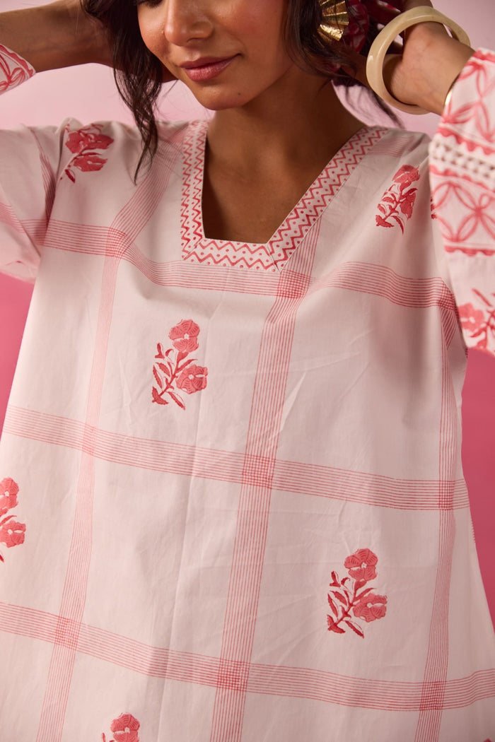 White & Red Check Floral Hand Block Printed Co-ord Set - Tara-C-Tara