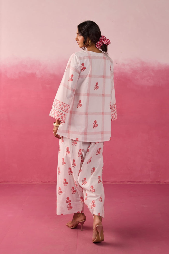White & Red Check Floral Hand Block Printed Co-ord Set - Tara-C-Tara