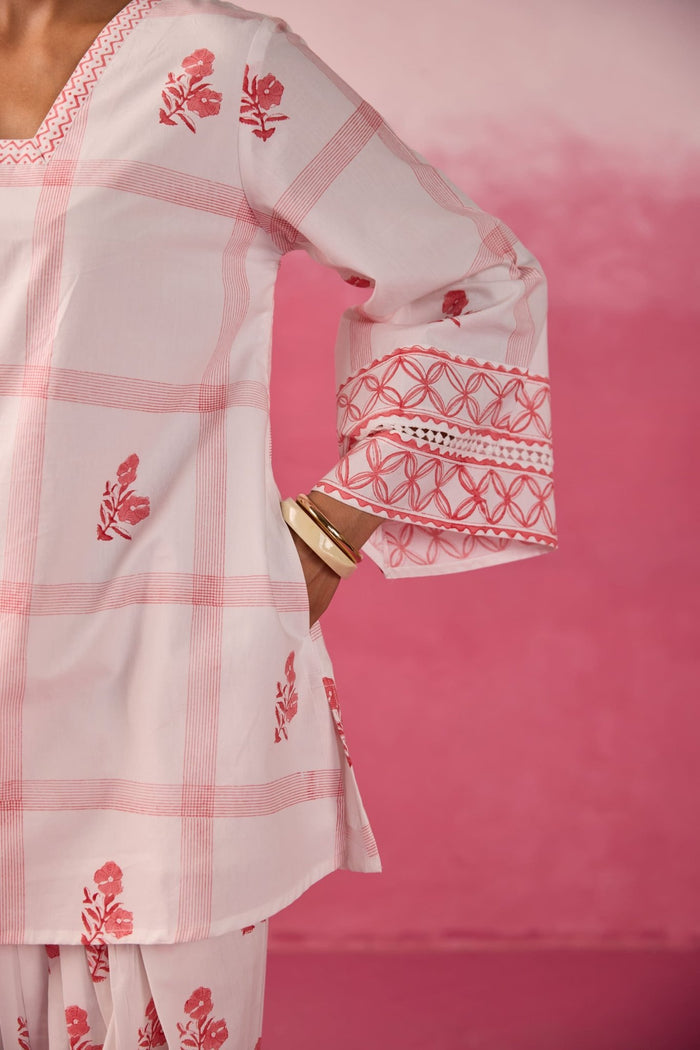White & Red Check Floral Hand Block Printed Co-ord Set - Tara-C-Tara