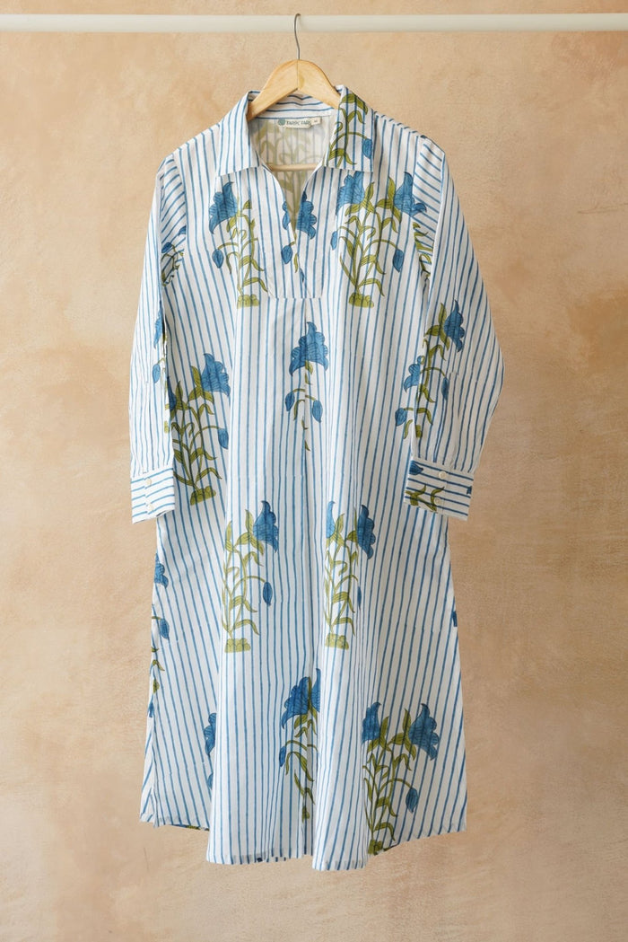 White Stripe & Blue Floral Block Print Shirt Kurta - Tara - C - Tara