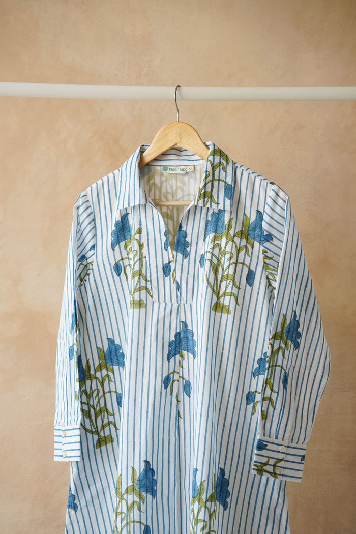 White Stripe & Blue Floral Block Print Shirt Kurta - Tara - C - Tara
