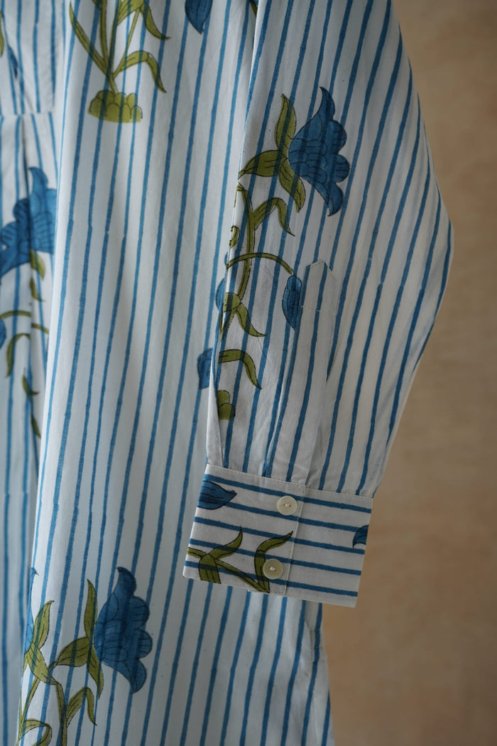 White Stripe & Blue Floral Block Print Shirt Kurta - Tara - C - Tara