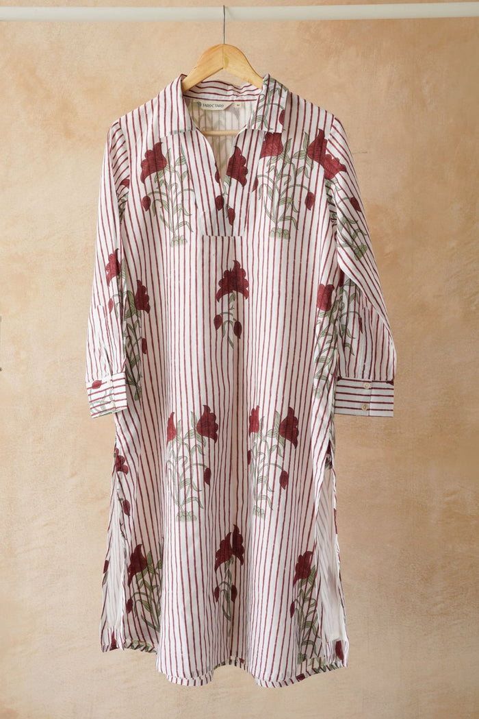 White Stripe & Red Rose Block Print Shirt Kurta - Tara - C - Tara