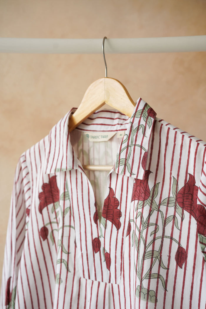 White Stripe & Red Rose Block Print Shirt Kurta