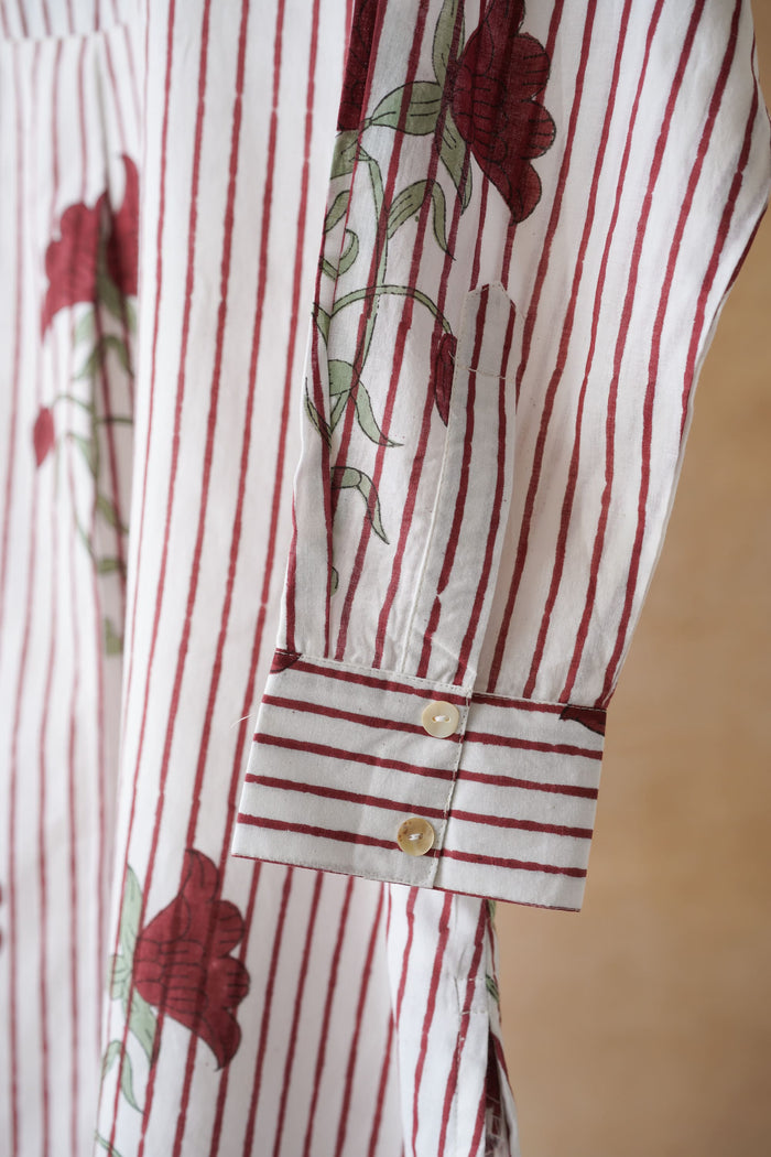 White Stripe & Red Rose Block Print Shirt Kurta
