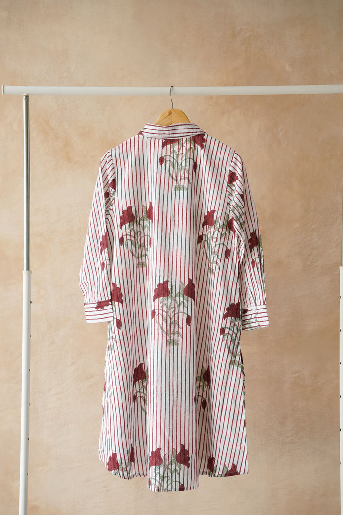 White Stripe & Red Rose Block Print Shirt Kurta