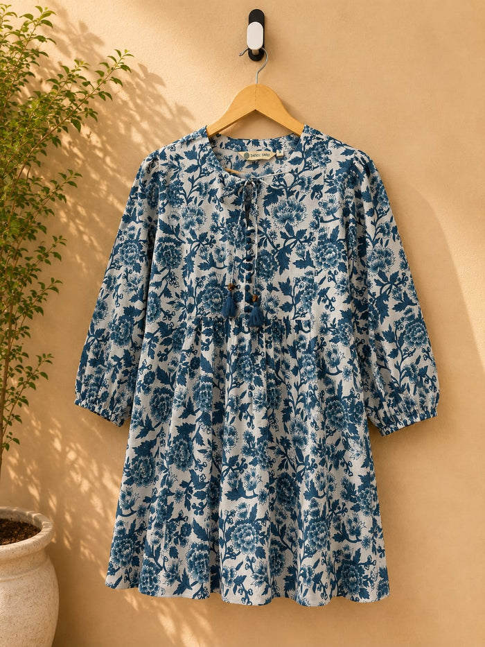 White & Teal Floral Block Print Peplum Top - Tara-C-Tara