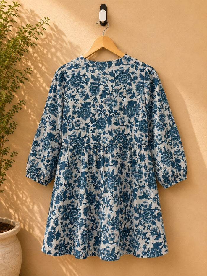 White & Teal Floral Block Print Peplum Top - Tara-C-Tara