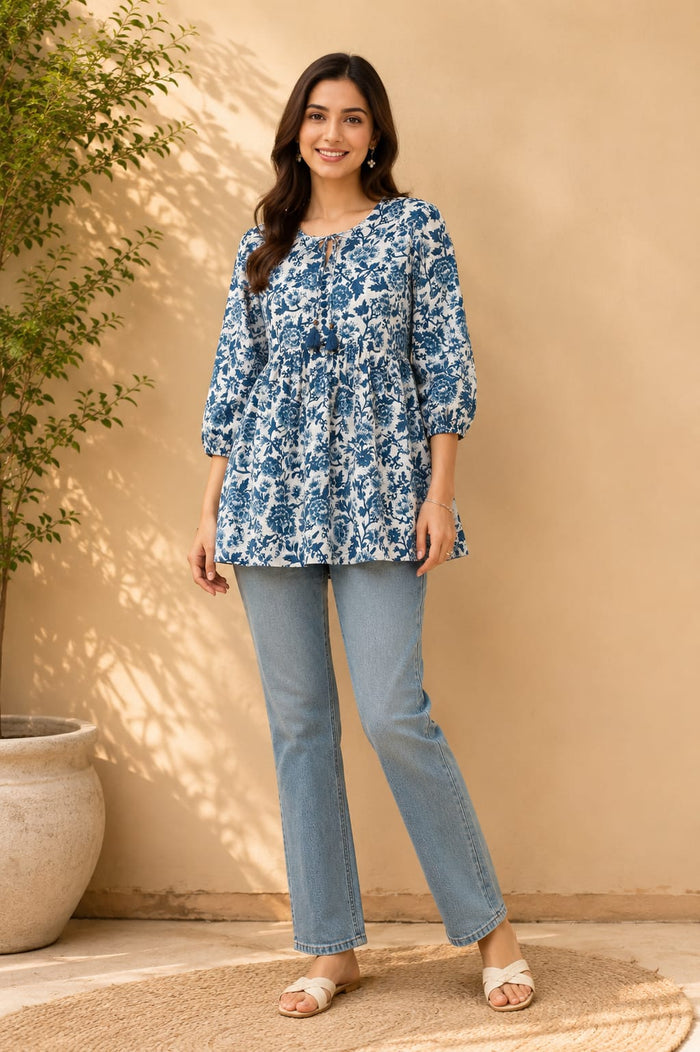White & Teal Floral Block Print Peplum Top - Tara-C-Tara