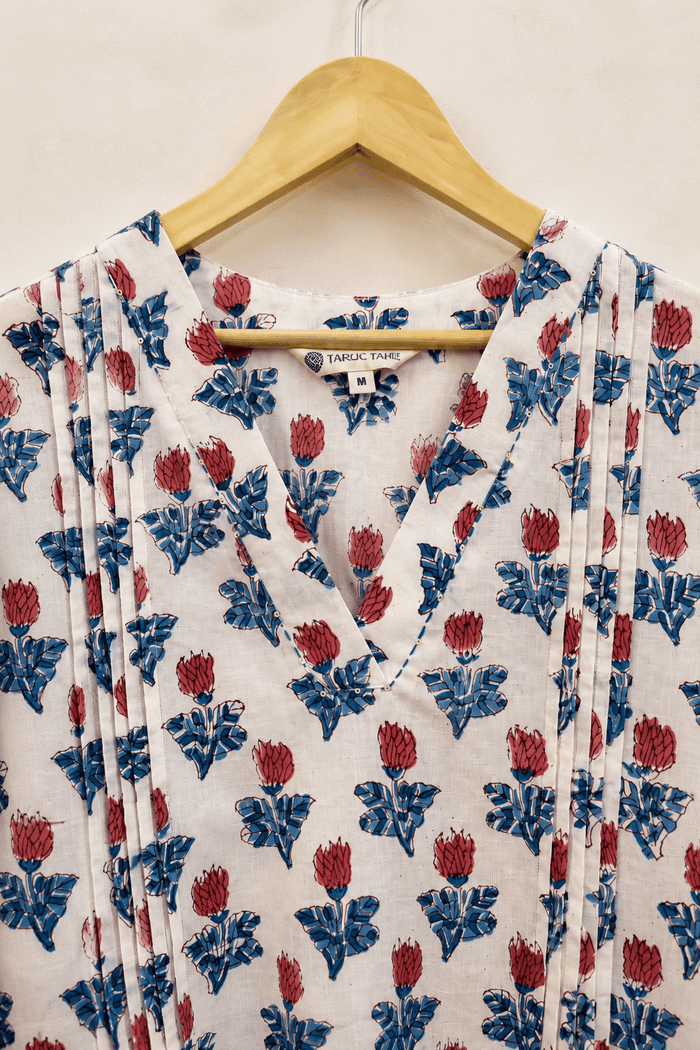 White Tulip Booti Hand Block Printed Cotton Kurta - Tara-C-Tara