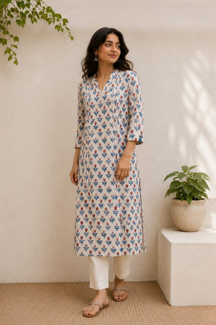 White Tulip Booti Hand Block Printed Cotton Kurta - Tara-C-Tara