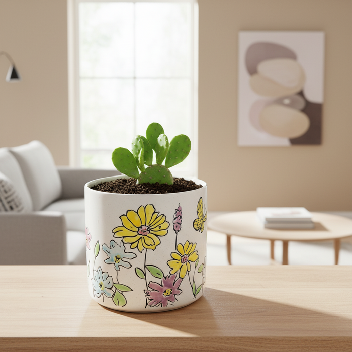 Wildflower Butterfly Planter Utensil Holder Plant Ceramic Crock Blue Sky 6.5in