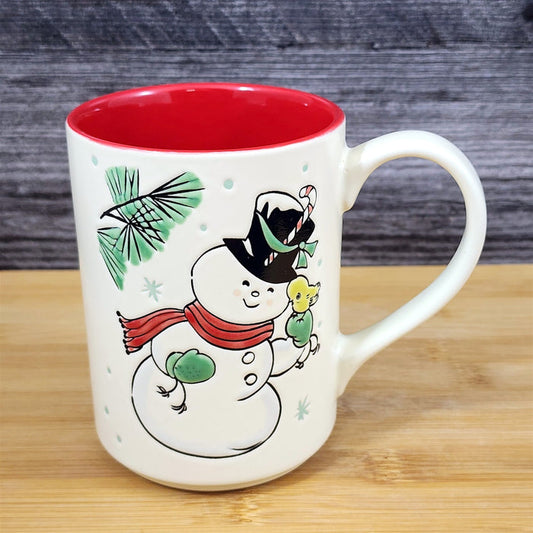 Winter Holiday Snowman Coffee Mug Red Embossed Christmas Ceramic Cup Blue Sky