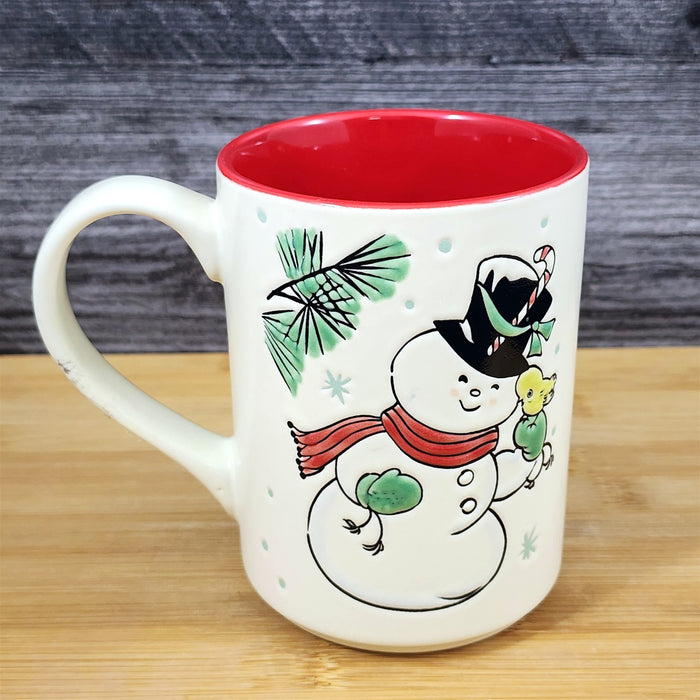 Winter Holiday Snowman Coffee Mug Red Embossed Christmas Ceramic Cup Blue Sky