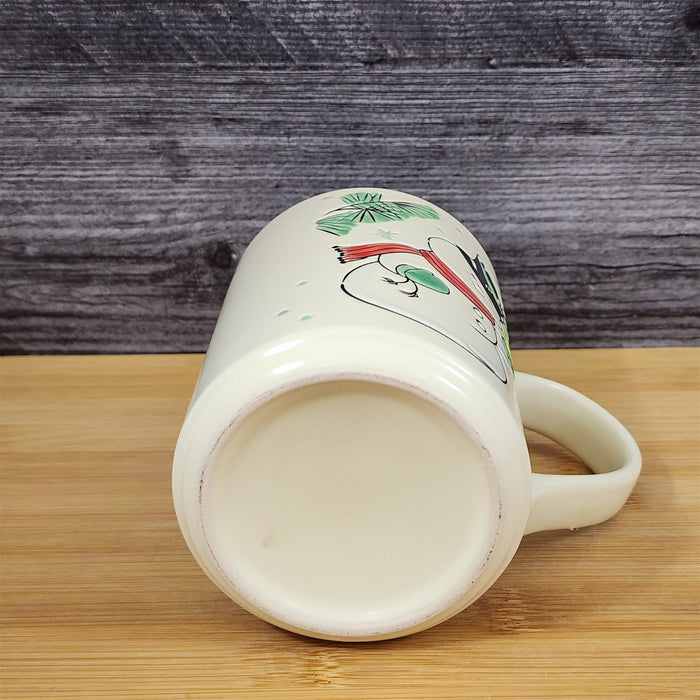 Winter Holiday Snowman Coffee Mug Red Embossed Christmas Ceramic Cup Blue Sky