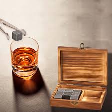 Wood Box W/ Tongs & Whiskey Stones (069407)