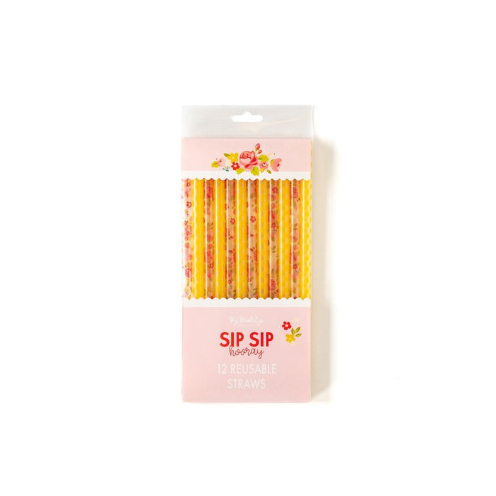 Yellow Gingham and Rose Reusable Straws