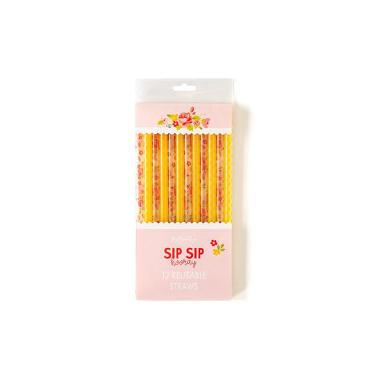 Yellow Gingham and Rose Reusable Straws